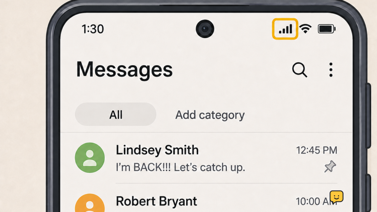 Samsung Galaxy phone showing a messaging inbox while mobile signal is visible