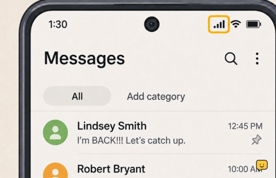 Samsung Galaxy phone showing a messaging inbox while mobile signal is visible