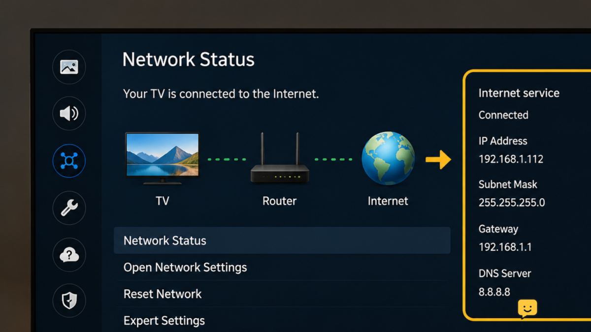 Samsung smart TV Home screen with Wi-Fi connected and a streaming app loading error