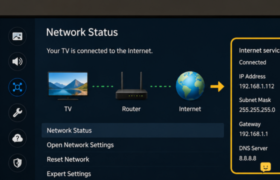 Samsung smart TV Home screen with Wi-Fi connected and a streaming app loading error