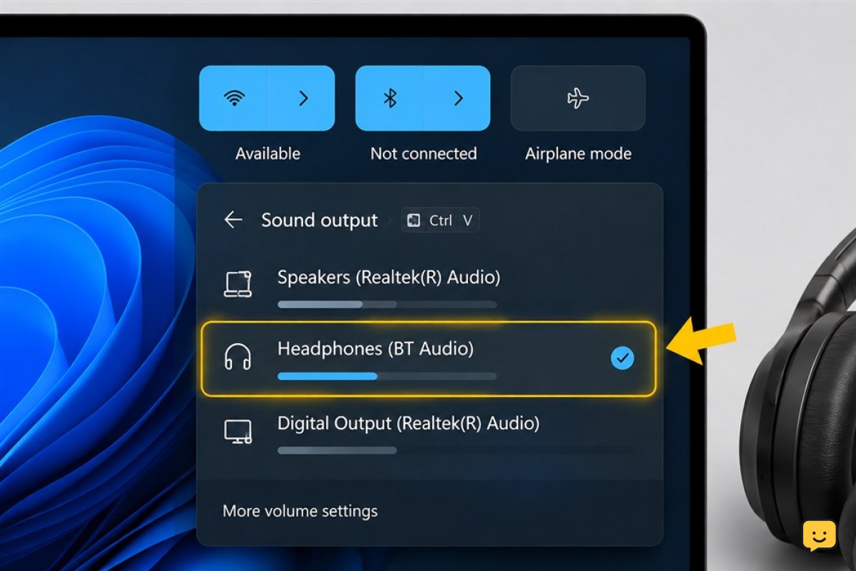 Windows 11 sound output picker with Bluetooth headphones selected