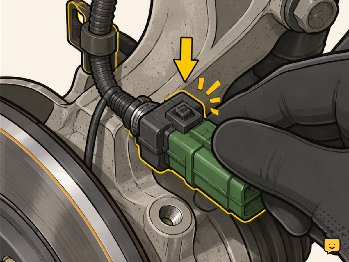 A gloved hand releasing the connector for an ABS wheel speed sensor