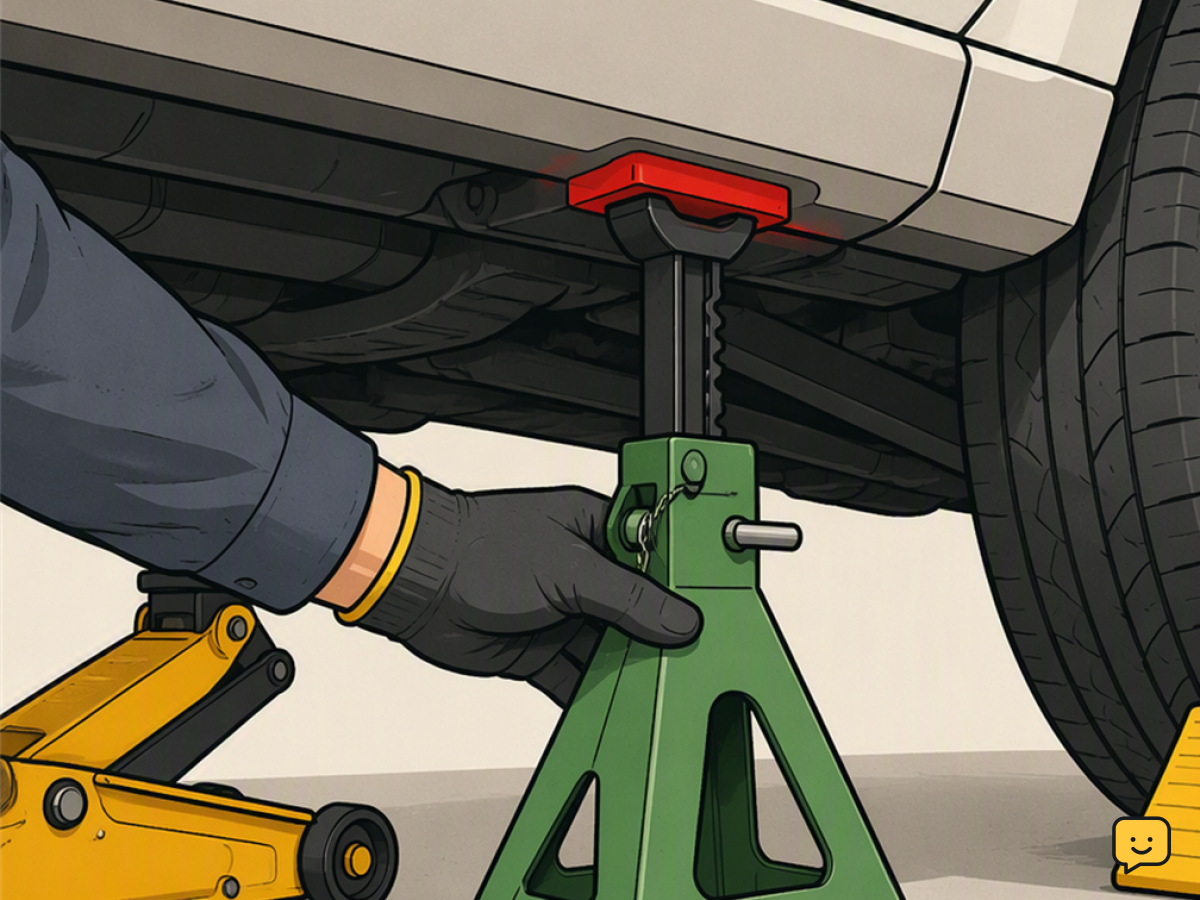 A passenger vehicle supported safely on a jack stand with its wheel chocked
