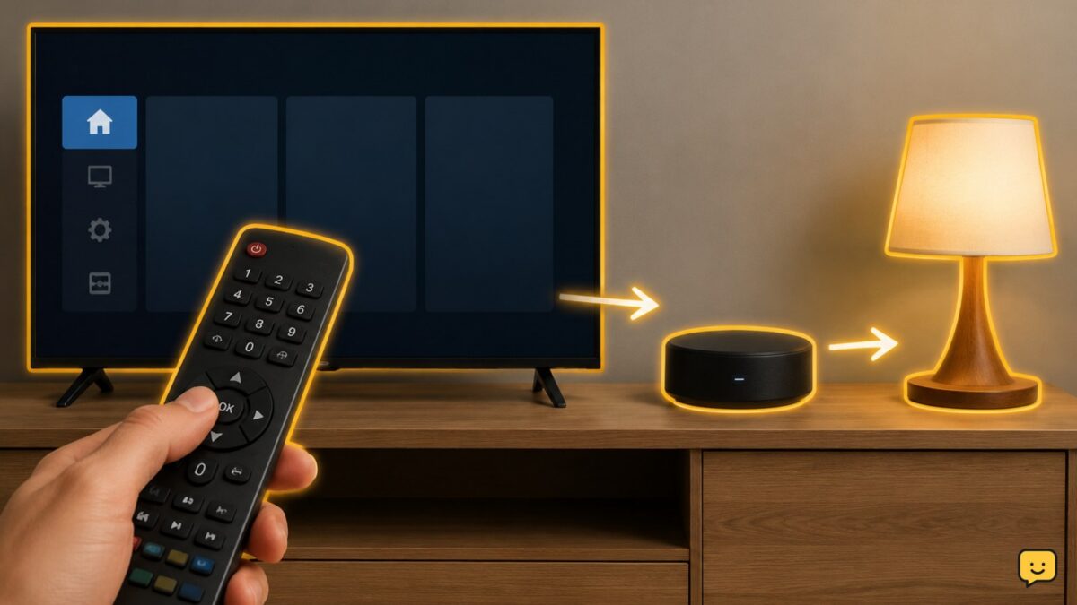 Smart TV remote, television, smart home hub, and lamp shown as a connected control system