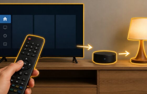 Smart TV remote, television, smart home hub, and lamp shown as a connected control system