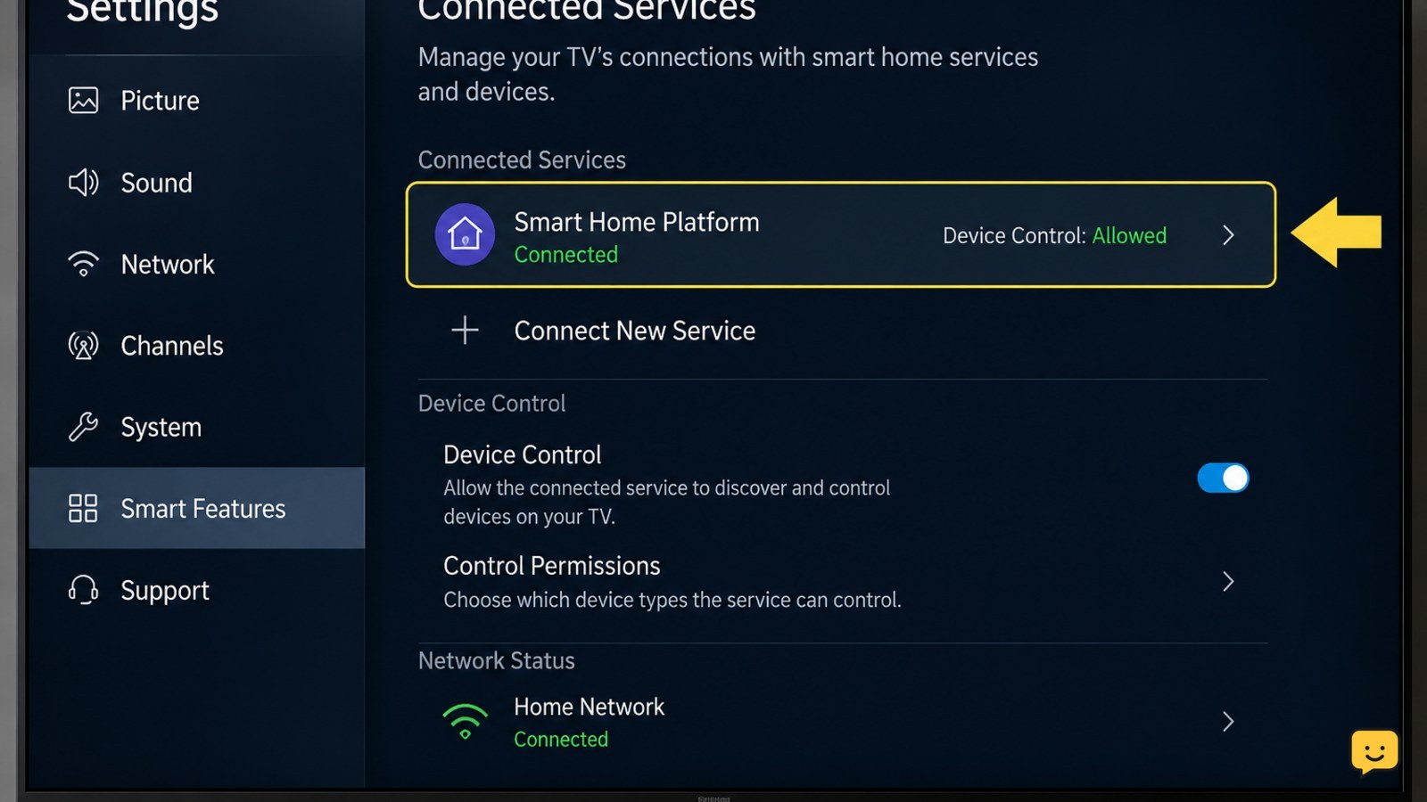 Smart TV connected-services screen showing a paired smart home platform and device-control permission