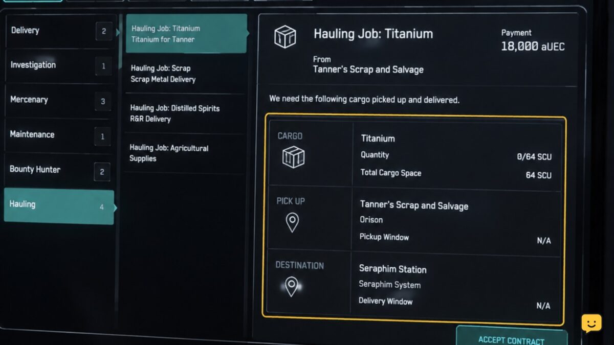 Star Citizen hauling contract open in the mobiGlas Contract Manager
