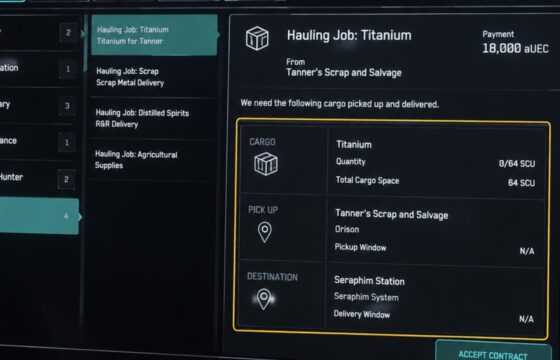 Star Citizen hauling contract open in the mobiGlas Contract Manager