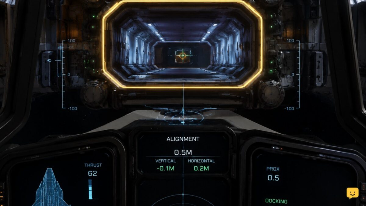 Star Citizen cockpit view approaching a ship docking collar with alignment indicators visible