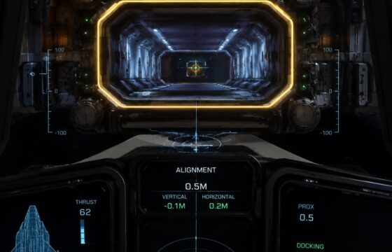 Star Citizen cockpit view approaching a ship docking collar with alignment indicators visible