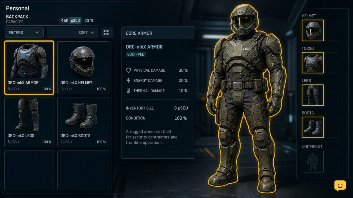 Star Citizen character inventory showing personal armor equipped on the character preview