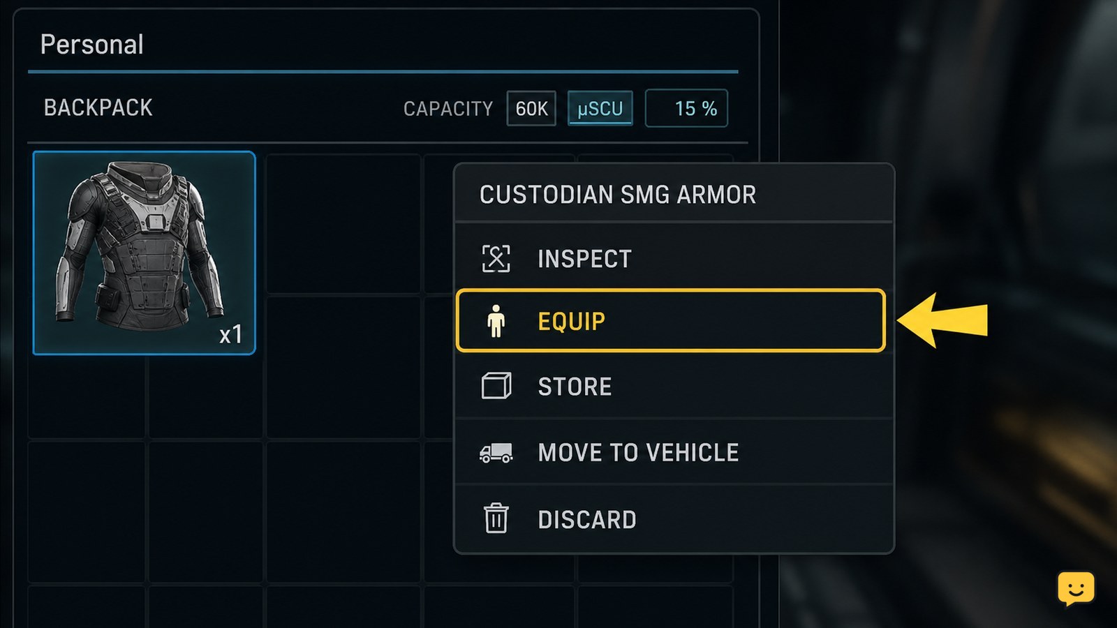 Star Citizen inventory item context menu showing the Equip action for personal armor
