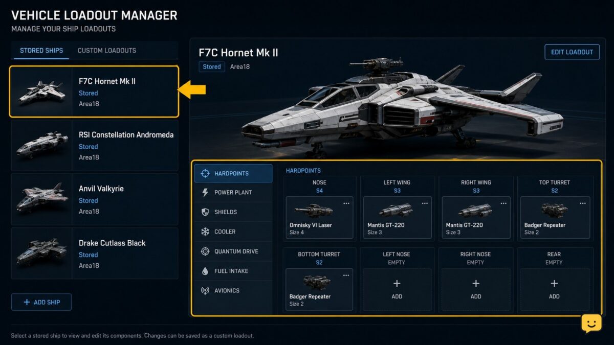 Star Citizen Vehicle Loadout Manager showing a ship and editable component hardpoints