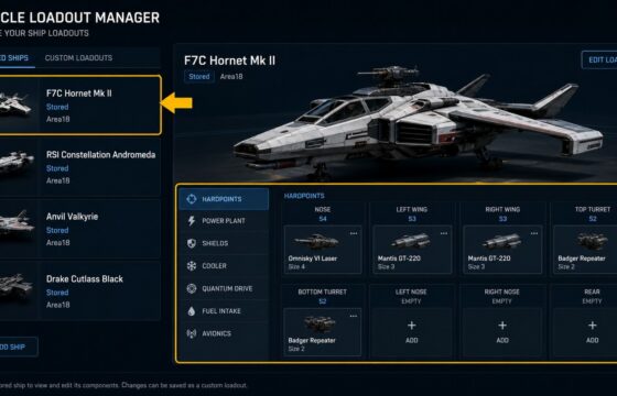 Star Citizen Vehicle Loadout Manager showing a ship and editable component hardpoints