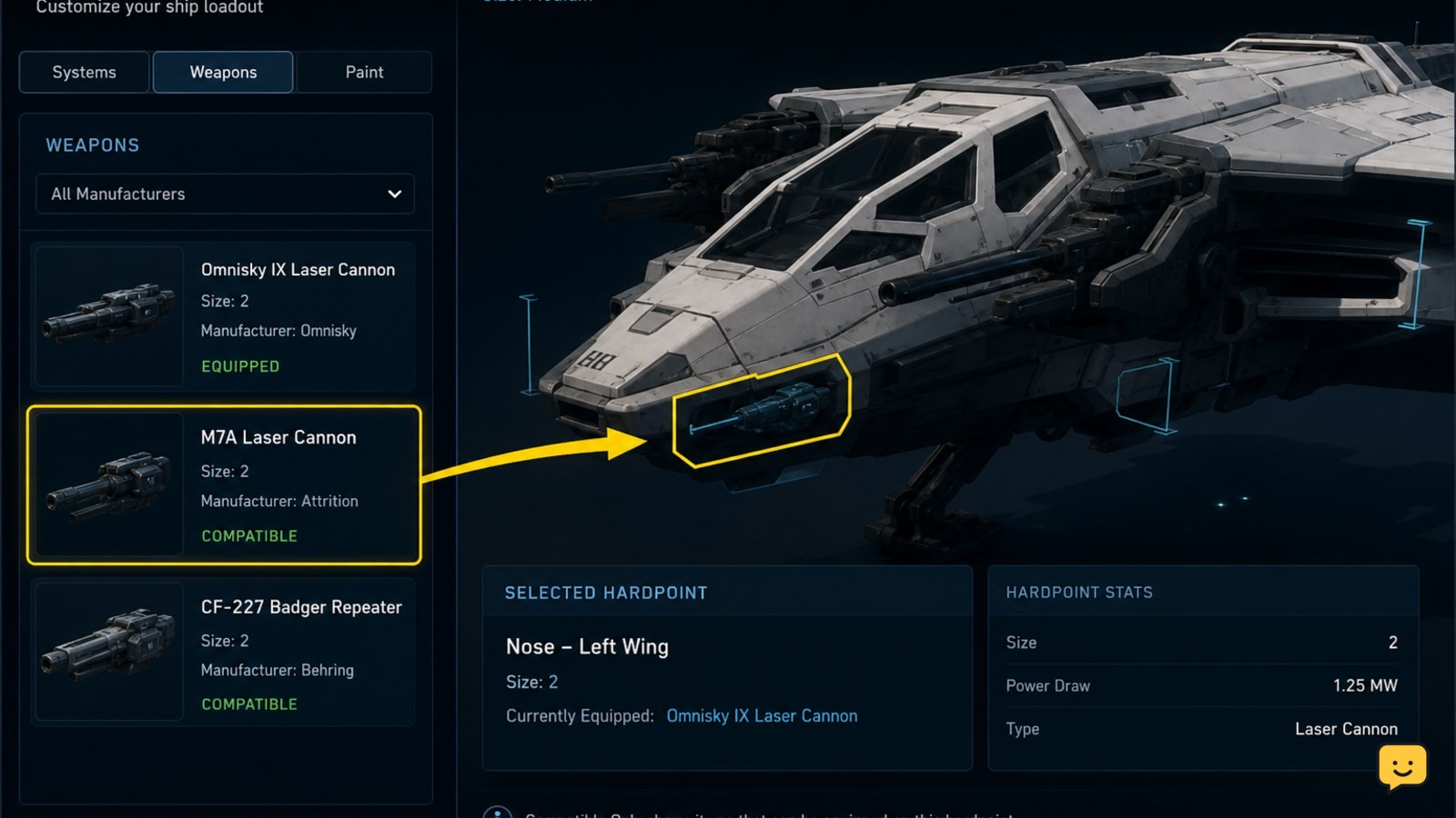 Star Citizen ship loadout screen with a compatible component selected for a hardpoint