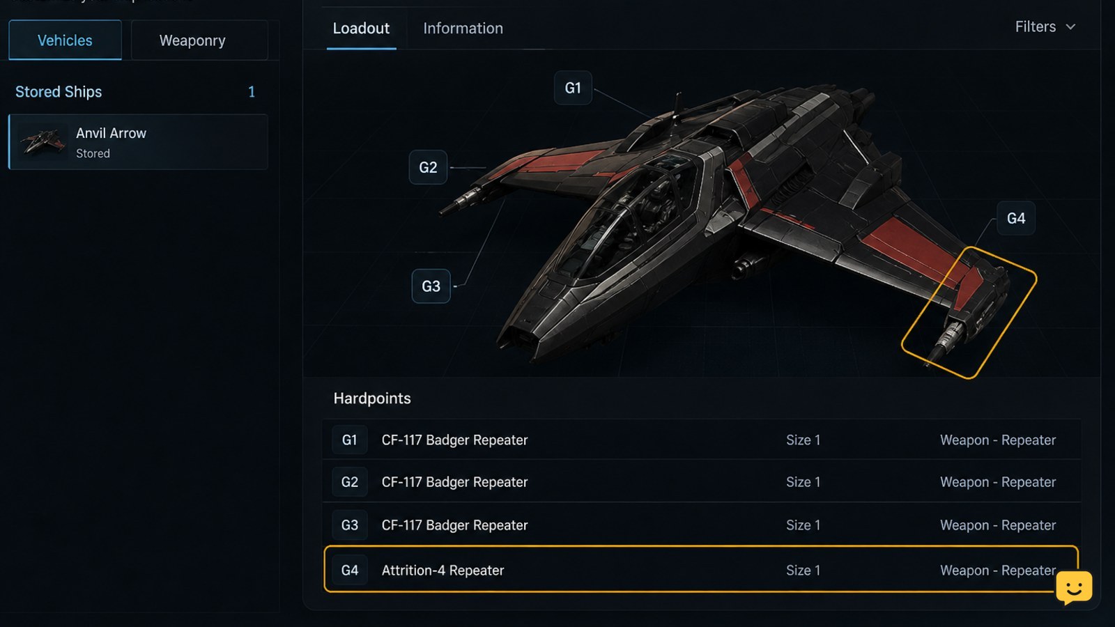Star Citizen Vehicle Loadout Manager showing a saved replacement component still installed in the ship hardpoint