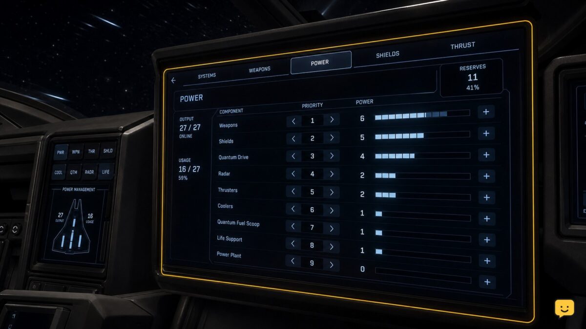 Star Citizen ship cockpit with a vehicle MFD open to the Power page