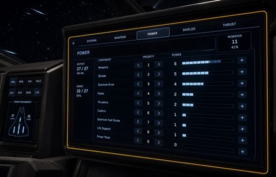 Star Citizen ship cockpit with a vehicle MFD open to the Power page