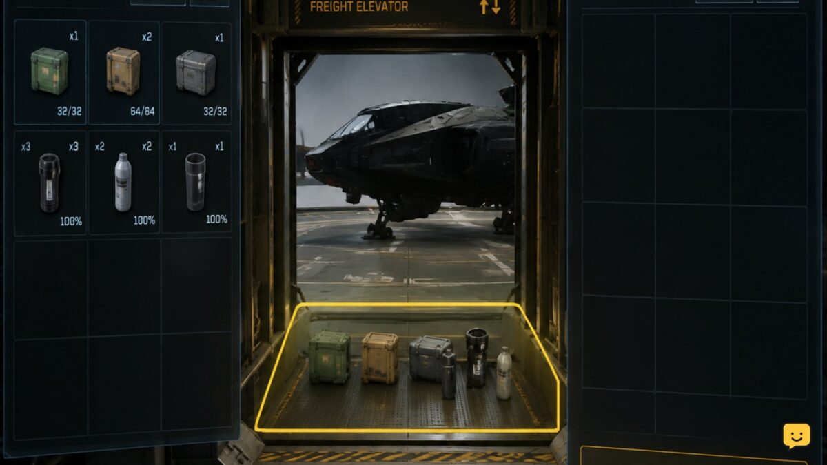 Star Citizen freight elevator loading local inventory items into a retrieved ship