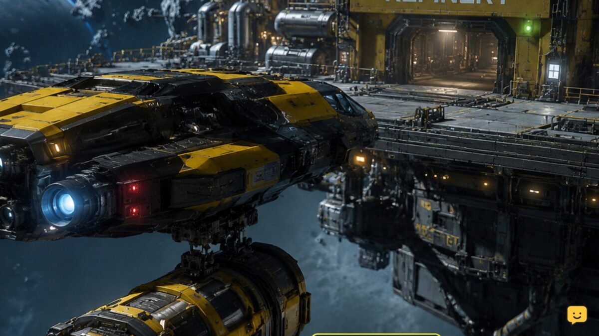Star Citizen mining ship with an attached mining pod arriving at a refinery facility