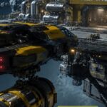 Star Citizen mining ship with an attached mining pod arriving at a refinery facility
