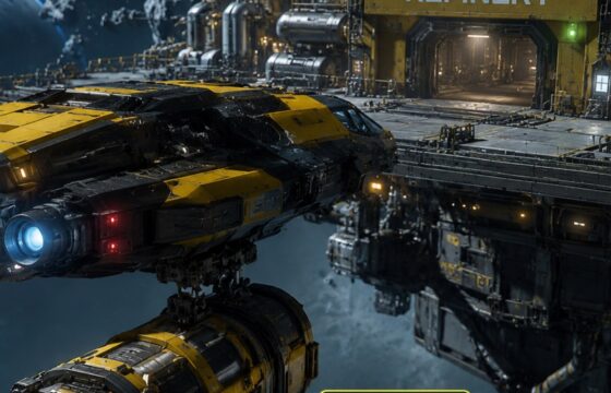 Star Citizen mining ship with an attached mining pod arriving at a refinery facility