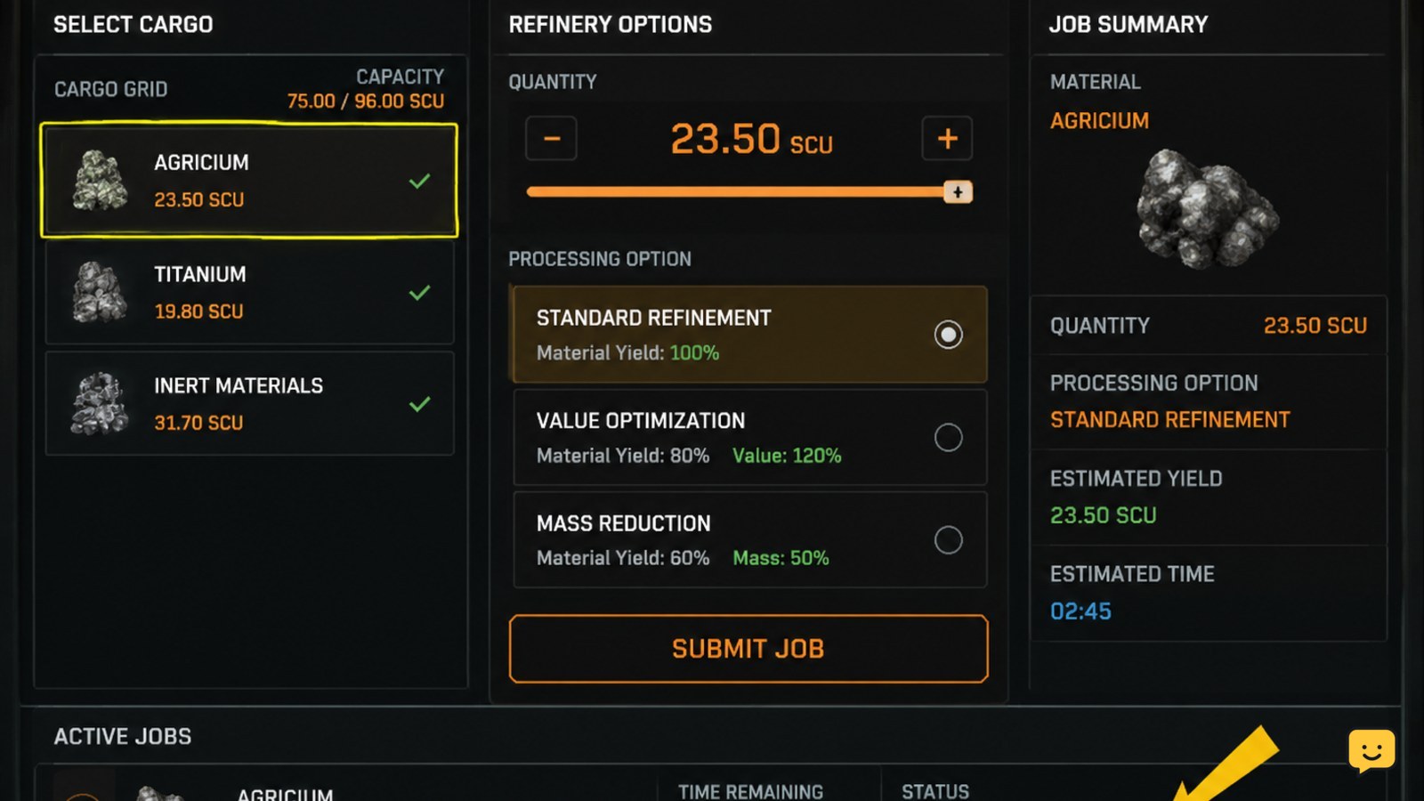 Star Citizen refinery interface showing mined ore selected with processing options and a confirmation control
