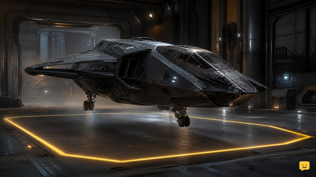 Damaged Star Citizen ship landing inside a station hangar for repairs