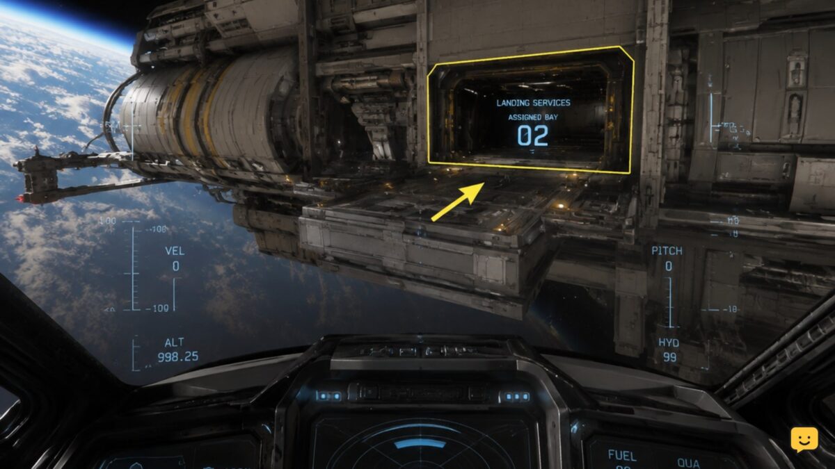 Star Citizen ship holding outside a controlled spaceport before landing