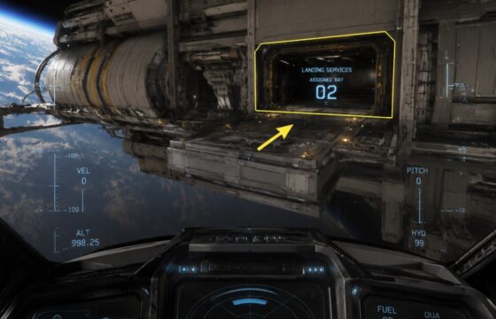 Star Citizen ship holding outside a controlled spaceport before landing