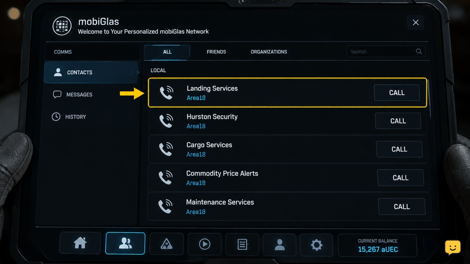 Star Citizen mobiGlas Commlink showing the local Landing Services contact