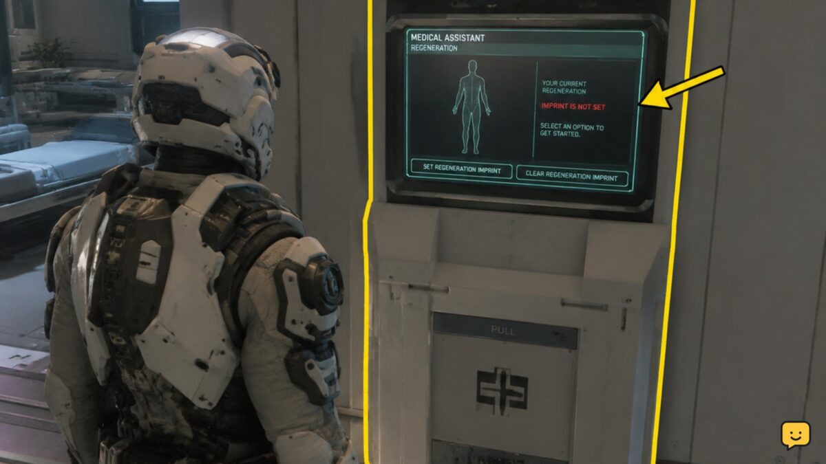 Star Citizen player facing a medical regeneration terminal inside a clinic