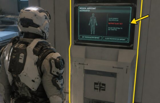 Star Citizen player facing a medical regeneration terminal inside a clinic