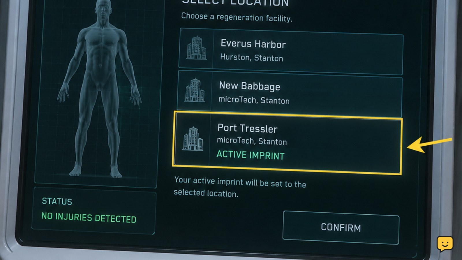 Star Citizen regeneration interface showing the active medical imprint location