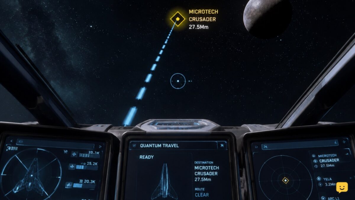 Star Citizen ship cockpit showing a selected destination and quantum travel route