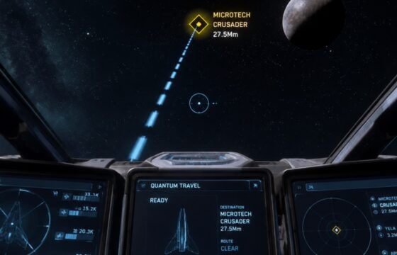 Star Citizen ship cockpit showing a selected destination and quantum travel route