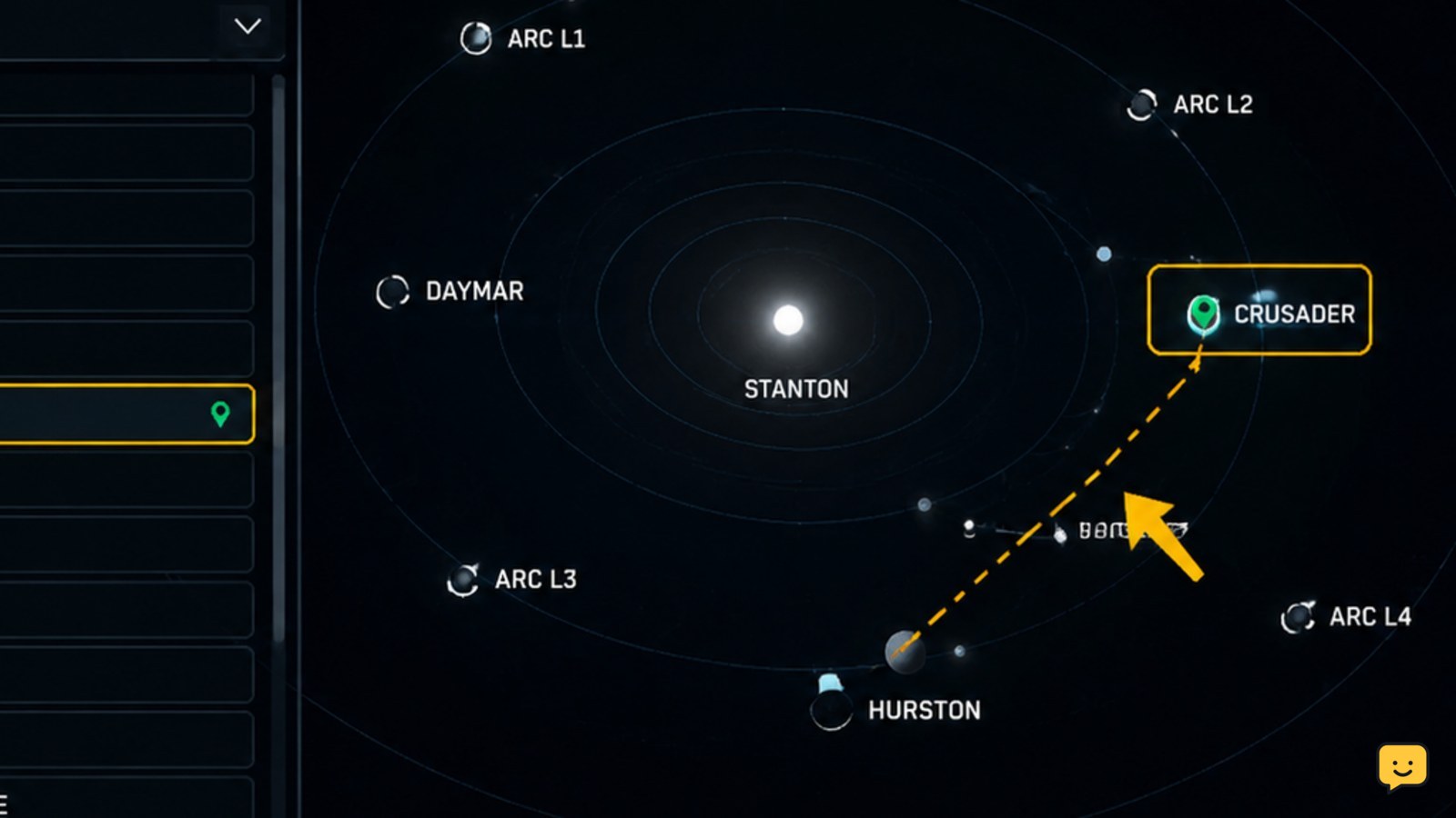 Star Citizen Star Map with a destination selected and a plotted route line