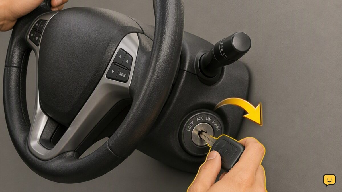 Driver holding a steering wheel toward its movable side while gently turning an ignition key