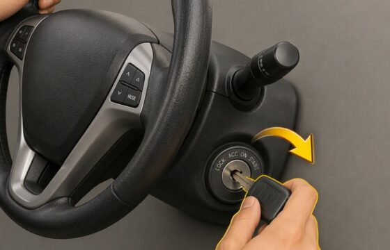 Driver holding a steering wheel toward its movable side while gently turning an ignition key