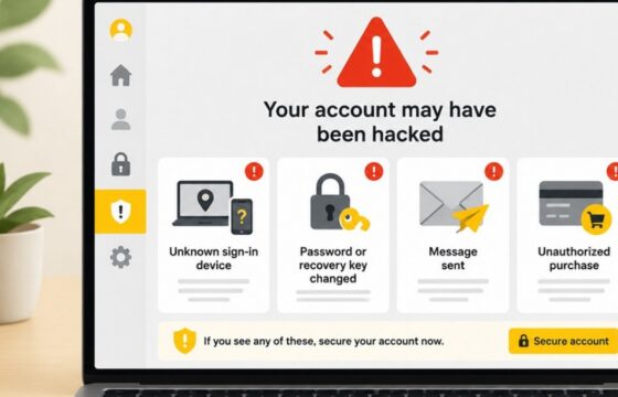 Dashboard showing an unknown sign-in, changed recovery details, an unsent message, and an unauthorized purchase