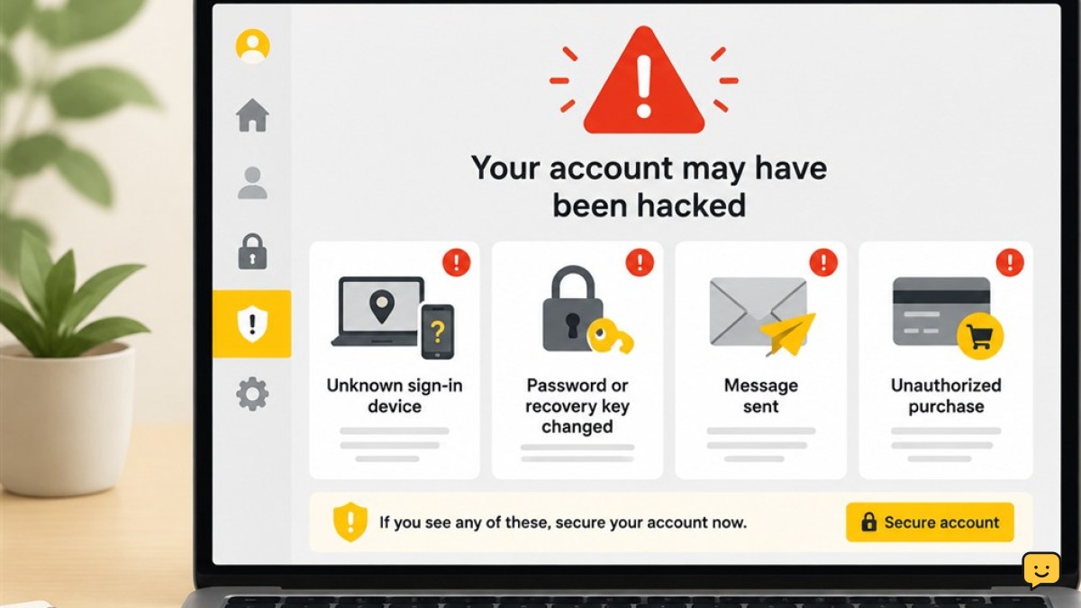 Dashboard showing an unknown sign-in, changed recovery details, an unsent message, and an unauthorized purchase