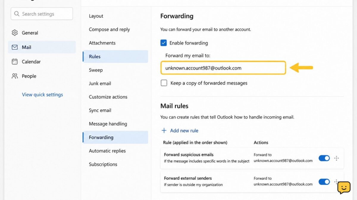 Email security settings showing forwarding and mailbox rules under review