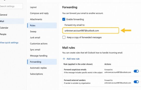 Email security settings showing forwarding and mailbox rules under review
