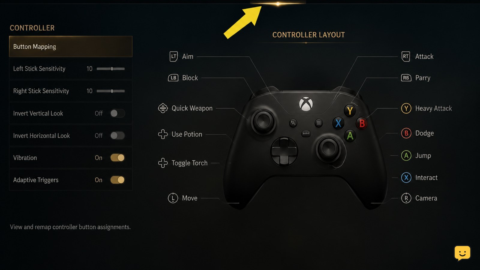 The Blood of Dawnwalker controls page showing controller button mapping