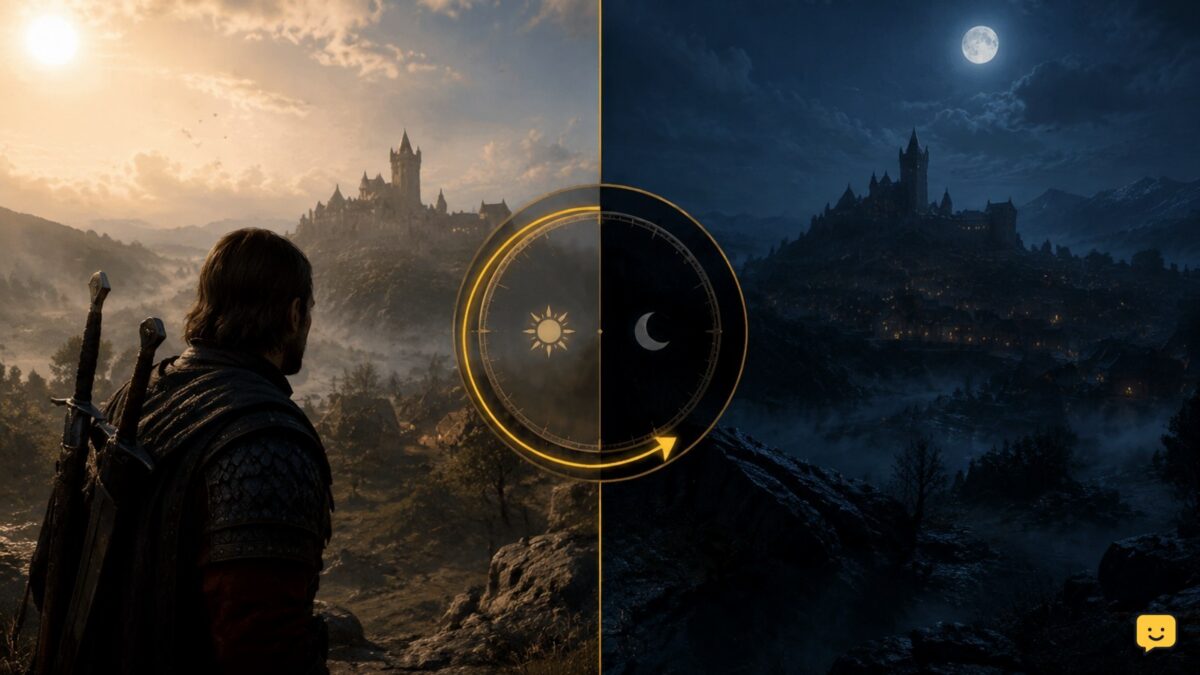The Blood of Dawnwalker gameplay scene showing Coen in a dark fantasy environment with a day-and-night progression concept