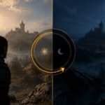 The Blood of Dawnwalker gameplay scene showing Coen in a dark fantasy environment with a day-and-night progression concept