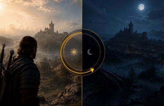 The Blood of Dawnwalker gameplay scene showing Coen in a dark fantasy environment with a day-and-night progression concept