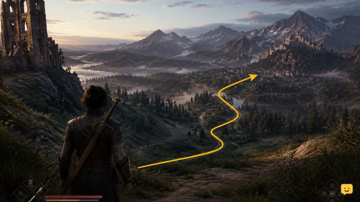 A wide view of The Blood of Dawnwalker open world with a route leading toward a settlement and prominent landmarks