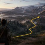 A wide view of The Blood of Dawnwalker open world with a route leading toward a settlement and prominent landmarks