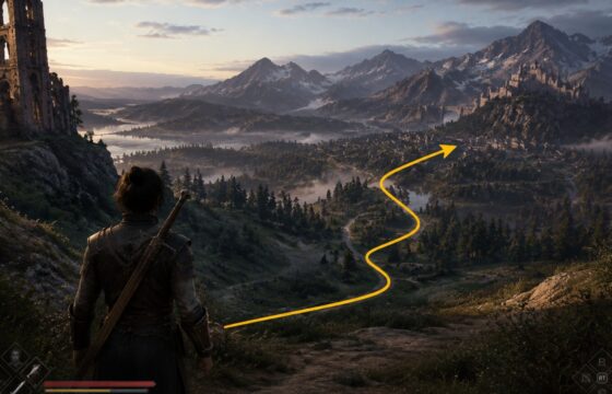 A wide view of The Blood of Dawnwalker open world with a route leading toward a settlement and prominent landmarks
